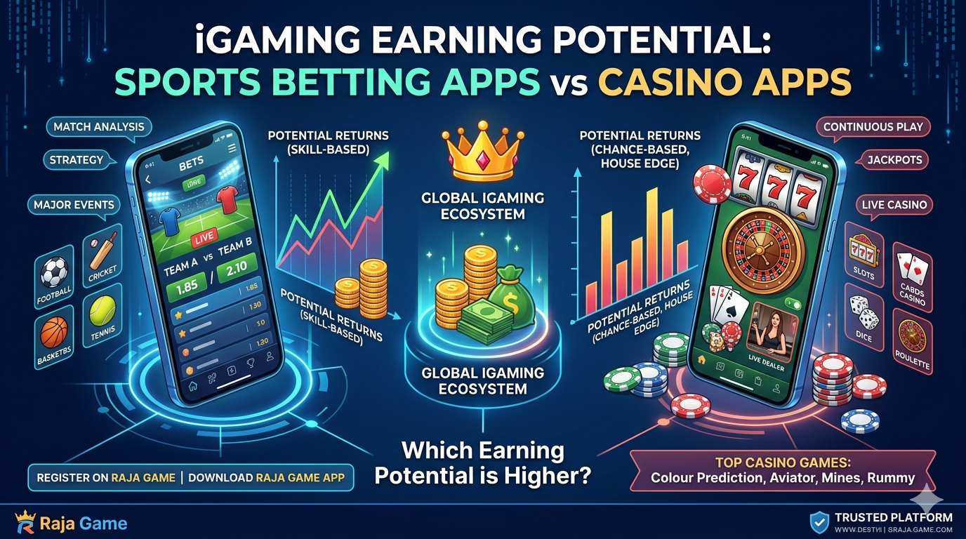 Sports Betting Apps vs. Casino Apps: Which Earning Potential is Higher? The iGaming industry has transformed how people participate in online gaming and digital entertainment. With the rapid rise of mobile applications, users now have access to sports betting platforms and casino apps anytime and anywhere. However, one question remains central to both players and business owners: Sports Betting Apps vs. Casino Apps: Which Earning Potential is Higher? Sports betting apps allow users to wager on real-world sporting events such as football, cricket, basketball, and tennis. Casino apps, on the other hand, offer games like slots, roulette, poker, blackjack, and live dealer experiences. While both platforms operate within the same iGaming ecosystem, their earning mechanisms differ significantly. Register on Raja Game | Download Raja Game App Understanding Sports Betting Apps Sports betting apps are platforms that enable users to place bets on sporting events and competitions. Earnings depend on predicting the correct outcome of a match or event, with odds and probabilities calculated based on team performance, player statistics, and historical data. One of the main attractions of sports betting apps is the involvement of skill and knowledge. Users who follow sports closely can make informed decisions, which may improve their chances of winning. Over time, experienced players often develop strategies that help reduce losses and increase consistency. Key characteristics of sports betting apps: Dependence on real-world sporting events Skill-based decision making Seasonal fluctuations in earnings Revenue generated through margins built into odds Understanding Casino Apps Casino apps provide digital versions of traditional casino games including slots, roulette, blackjack, baccarat, poker, and live dealer games. Unlike sports betting apps, casino platforms focus mainly on chance-based outcomes, although some games involve strategy and experience. Casino apps are designed for continuous engagement. Users can play multiple rounds in a short period of time, making the earning cycle faster and more frequent. Each game includes a house edge that ensures the platform earns consistently over time. Live casino games have further increased the popularity of casino apps. Players can interact with real dealers through video streaming, creating a realistic and immersive gaming environment that has significantly boosted user trust and spending behavior. On rajasgames.net, players can enjoy top casino games including Colour Prediction, Aviator, Mines, Wingo, Rummy, Teen Patti, and many more. Sports Betting Apps vs. Casino Apps: Earning Model Comparison When analyzing which platform offers higher earning potential, it is important to understand how each generates income: Sports Betting Apps: Revenue generated primarily from betting volume and odds margins Profits depend on the number of active users and frequency of bets Earnings increase during major tournaments but decline during off-seasons Skill and research can improve player outcomes Casino Apps: Consistent profit margin built into every game Players can participate at any time, ensuring stable revenue flow Continuous gameplay results in higher lifetime value per user Higher engagement leads to stronger and more predictable earning potential From a business perspective, casino apps generally offer stronger and more predictable earning potential compared to sports betting apps. Risk and Reward Analysis Risk plays a crucial role in determining earning potential on both platforms: Sports Betting – Moderate risk because users can research teams, analyze statistics, and apply strategies before placing bets. This makes it partially skill-based and more controlled. Casino Apps – Higher risk due to reliance on randomness. While large jackpots and bonus rewards can generate high returns, they are rare and unpredictable. Key differences in risk and reward: Sports betting offers more control through analysis and strategy Casino apps provide faster results but higher unpredictability Long-term losses are more common in casino gaming without proper bankroll management User Engagement and Retention User engagement is a major factor influencing earning potential on both platforms: Casino Apps: Encourage longer play sessions through a wide range of games and instant outcomes Players remain active for extended periods, increasing spending and revenue Round-the-clock availability ensures consistent user engagement Sports Betting Apps: Engagement peaks during major tournaments and leagues Income fluctuations occur when fewer matches are available Build strong loyalty among sports fans who return every sports season Which Platform Is Better for Players? The answer depends on personal preference and risk tolerance: Sports Betting is ideal for users who enjoy research, sports knowledge, and strategic decision-making. With discipline and proper bankroll management, players can achieve steady results over time. Casino Apps are better suited for users who seek entertainment and excitement. The possibility of winning large jackpots makes casino gaming attractive, but it also carries higher risk of losses. Players should always view both platforms as entertainment tools rather than guaranteed income sources. Visit rajasgames.net to explore a trusted platform that offers both exciting gameplay and responsible gaming guidelines. Business and Affiliate Perspective For business owners and affiliates, casino apps usually generate higher revenue because: Casino platforms encourage frequent gameplay and higher spending per user The built-in house edge ensures consistent profit margins over time Casino apps are easier to promote due to their broad appeal and round-the-clock availability Sports betting platforms attract large traffic during major sports events but require careful risk management, as unexpected match results can impact short-term profitability. Future Trends in iGaming Earnings Technology is reshaping the iGaming industry. Key future trends include: Sports Betting Apps – Integrating artificial intelligence for better odds prediction and personalized recommendations Casino Apps – Adopting live dealer technology, virtual reality, and blockchain-based payments Mobile Gaming Growth – Increasing user participation across both platforms Regulatory Frameworks – Platforms focusing on security, transparency, and responsible gaming will achieve long-term success Casino apps are expected to dominate overall revenue due to higher engagement and immersive experiences, while sports betting apps will continue to grow among skill-based players. Frequently Asked Questions Which is safer for earning: sports betting or casino apps? Sports betting is considered safer because it involves research and strategy, while casino games rely mainly on luck. Always play responsibly on trusted platforms like rajasgames.net. Do casino apps generate more revenue than sports betting apps? Yes, casino apps usually generate higher revenue due to continuous play and house advantage built into every game. Can beginners earn from iGaming platforms? Beginners can start with small amounts and bonuses, but learning and discipline are essential. Register on Raja Game and claim your ₹1300 welcome bonus to get started. Which platform has better long-term earning potential? Casino apps have higher long-term revenue potential for platforms, while sports betting offers more controlled earnings for players who apply strategy and research. Is sports betting legal everywhere? Legality depends on regional laws, and users should always check local regulations before using any iGaming app.