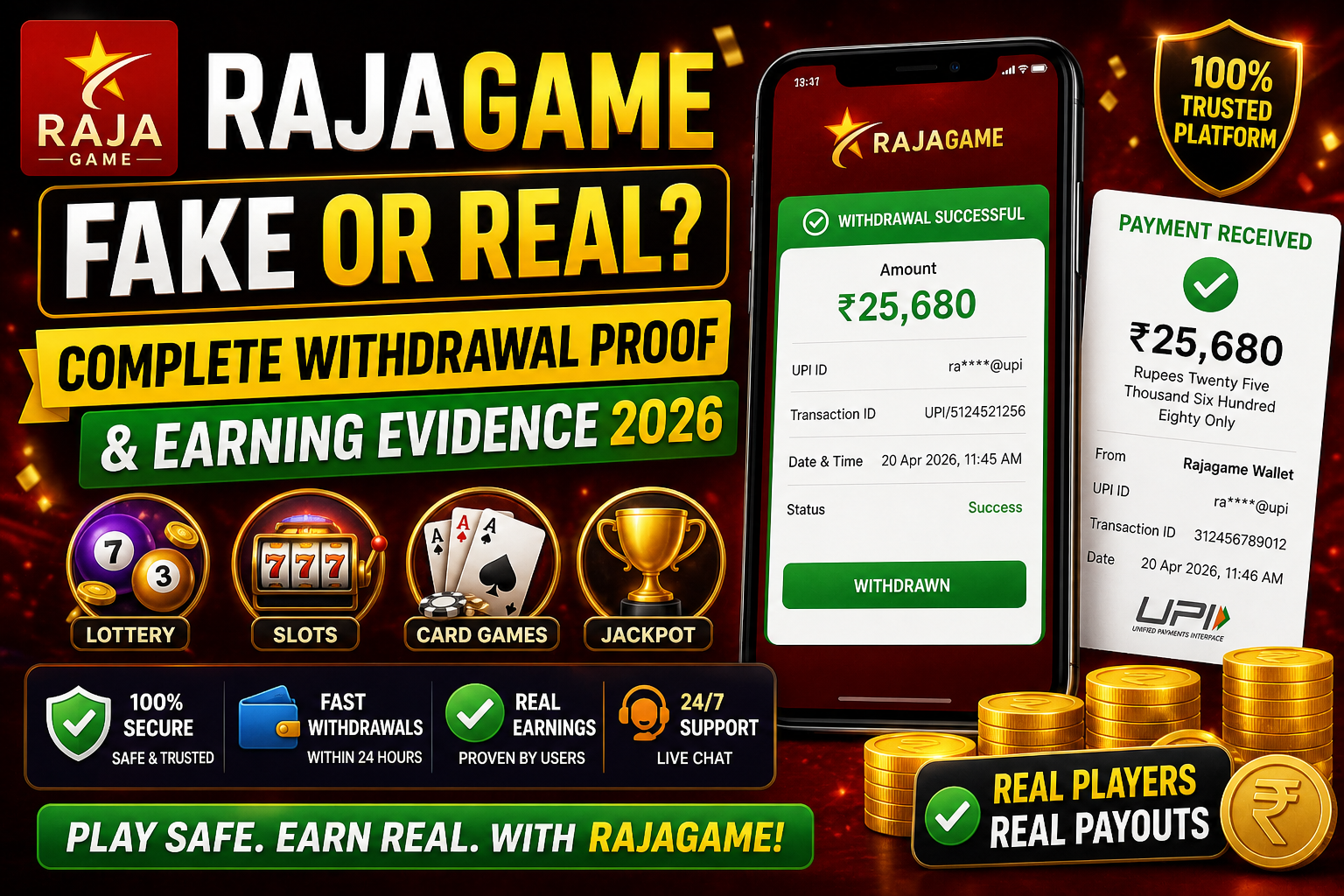 Rajagame fake or real blog banner showing withdrawal proof, payment received screenshots.